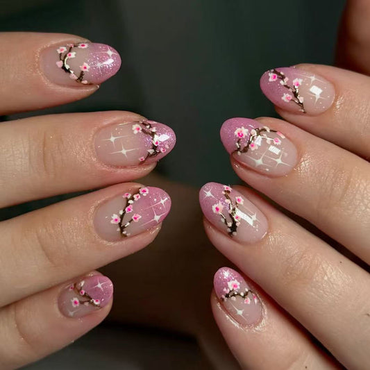 Blossom Elegance Medium Almond Pink Ombre with Floral Detailing Press On Nail Set
