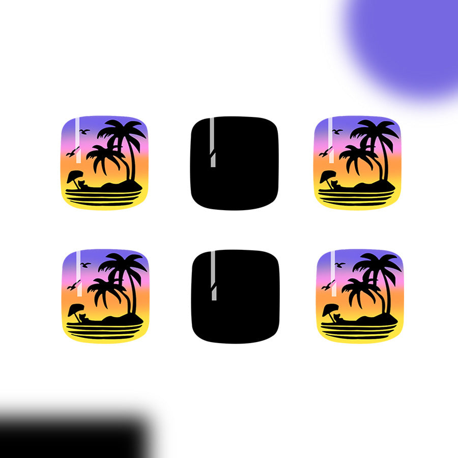 Tropical Paradise Short Square Black and Gradient Island Theme Press On Toenail Set