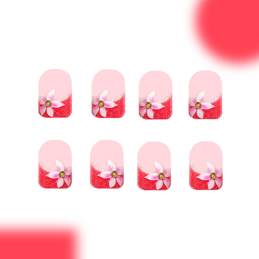 Garden Blossom Pink Medium Square Press-On Nail Set with Floral Design and Sparkling Accent
