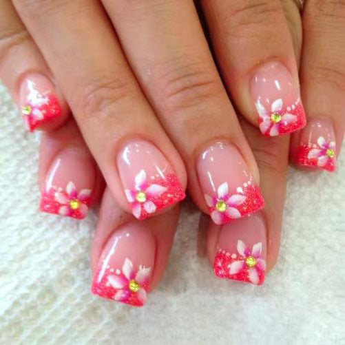 Blossom Delight Medium Square Press On Nails in Pink Ombre with Floral Design and Sparkling Accents