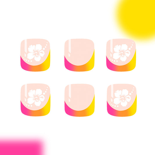 Tropical Vibes Short Square Shape Gradient Pink and Yellow Press On Toenail Set with Floral Design