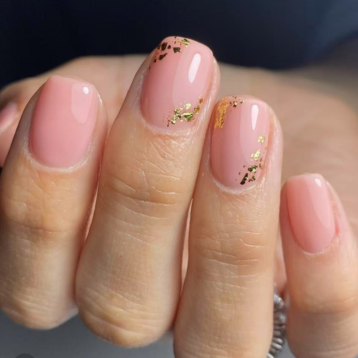 Elegant Blossom Pressed Nail Set Short Square Soft Pink with Gold Flakes for Glamorous Finishing Touches