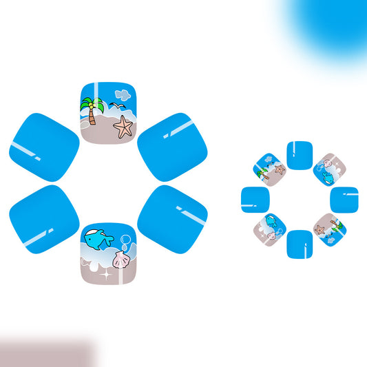 Tropical Beach Escape Short Square Bright Blue Toenail Set with Unique Underwater Illustrations