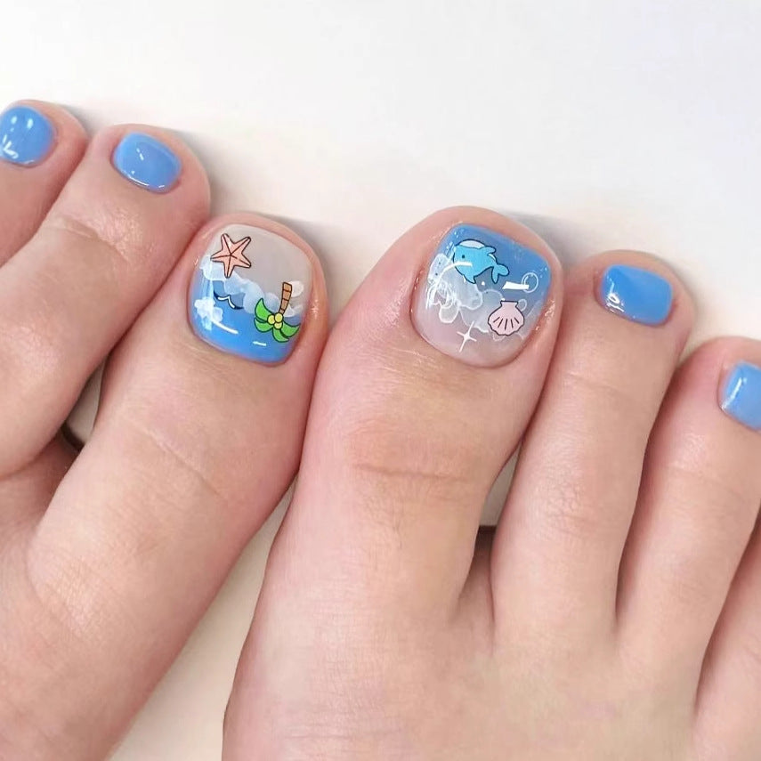 Ocean Breeze Short Square Blue Press-On Toenail Set with Whimsical Underwater Designs