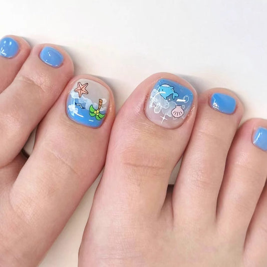 Ocean Breeze Short Square Blue Press-On Toenail Set with Whimsical Underwater Designs