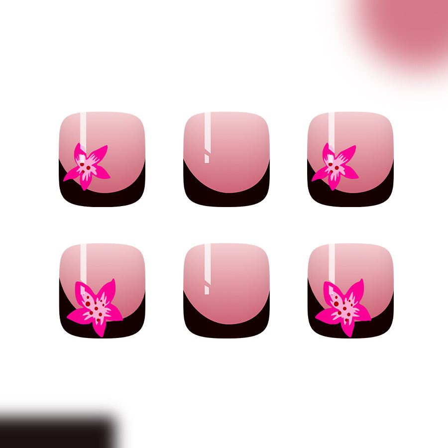 Blossom Dream Short Square Pink and Black Press On Toenail Set with Floral Accents