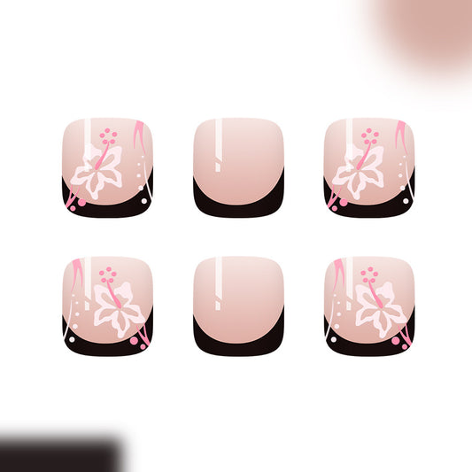 Blossoming Elegance Short Square Pink Gradient Press On Toenail Set with Floral Art Design