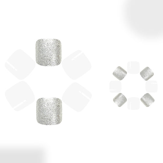Sparkling Glamour Short Square Silver Glitter Press On Toenail Set with Unique Textured Finish