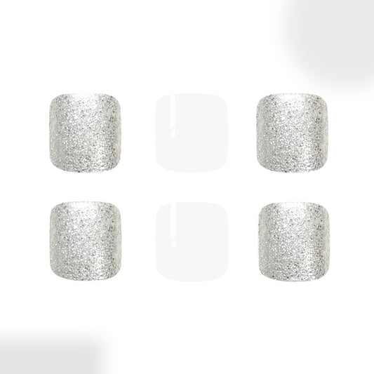 Glamorous Stardust Short Square Silver Shimmer Press On Toenail Set