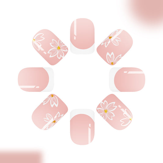 Blossom Elegance Short Square Pink Floral Press On Nail Set with Sparkling Accents