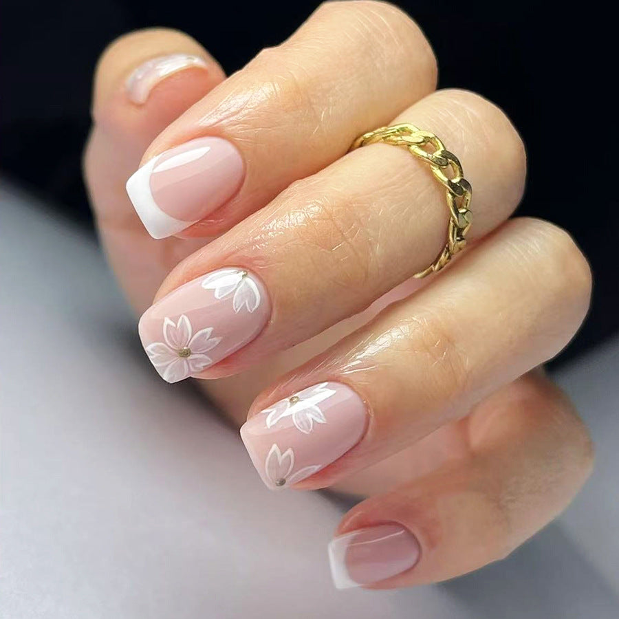 Floral Elegance Medium Square Blush Pink with Elegant Flower Design Press On Nail Set