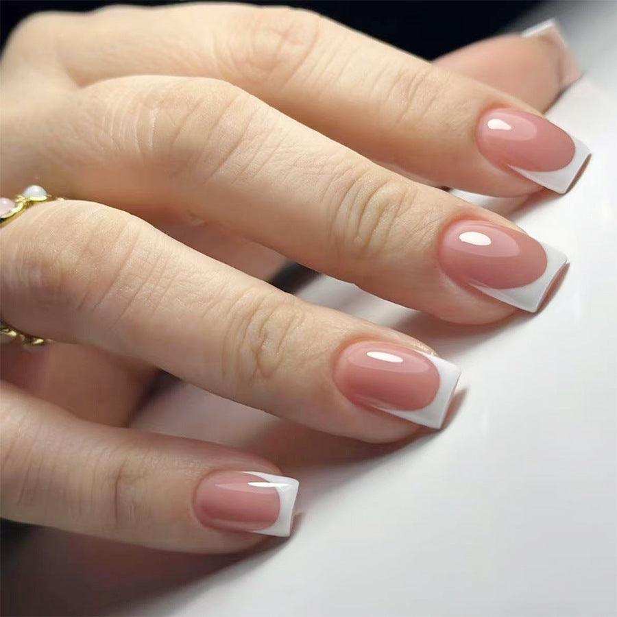 Elegant Blossom Short Square Blush Pink with Chic White Tips Press-On Nail Set