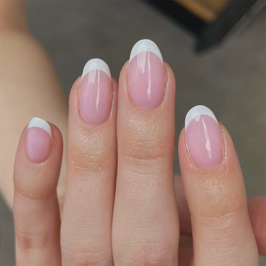 Elegant Garden Inspired Medium Oval Pink with Chic White Tips Press On Nail Set