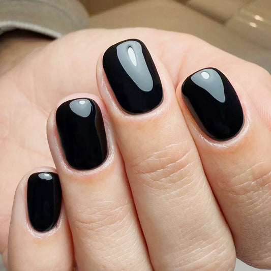 Midnight Elegance Short Square Black Glossy Press On Nail Set with High Shine Finish