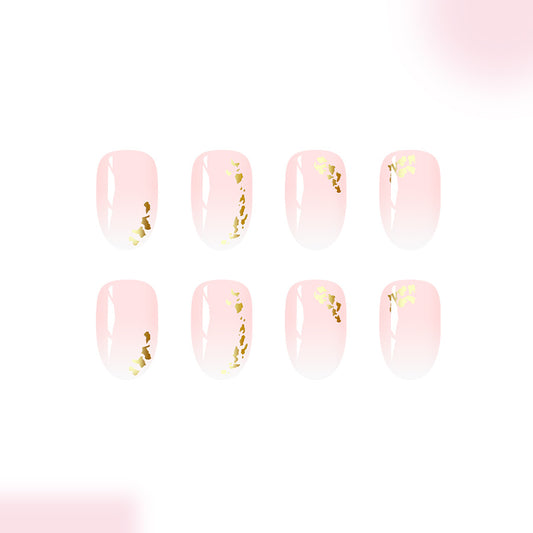 Chic Blossom Dreamy Medium Almond Pale Pink Press-On Nail Set with Elegant Gold Foil Accents
