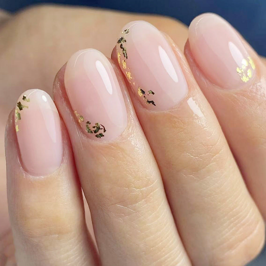 Glamorous Elegance Short Oval Soft Pink with Gold Leaf Accents Press on Nail Set
