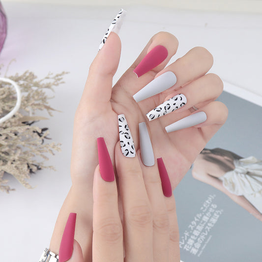 Chic Elegance Long Coffin Press On Nail Set in Burgundy Grey and White with Unique Animal Print Accent