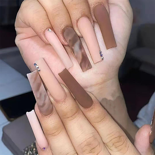Elegant Chocolate Dream Long Square Press On Nail Set in Soft Beige and Rich Brown with Marbled Accents and Rhinestone Embellishments