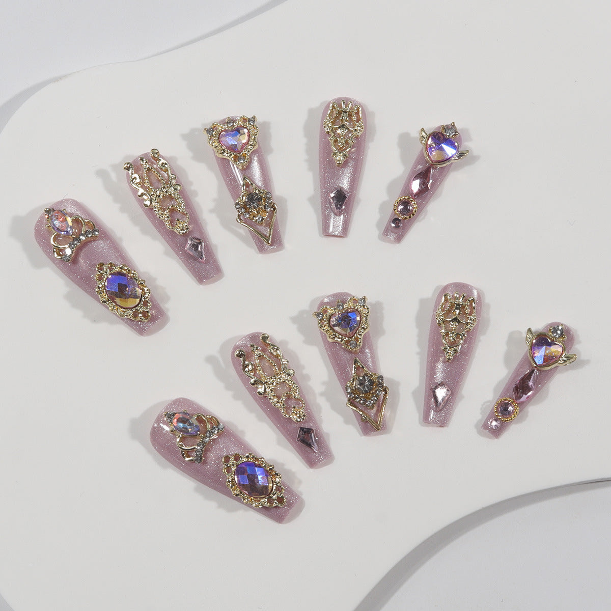 Glamorous Fairy Tale Long Coffin Pink and Gold Press On Nail Set with Rhinestone Accents