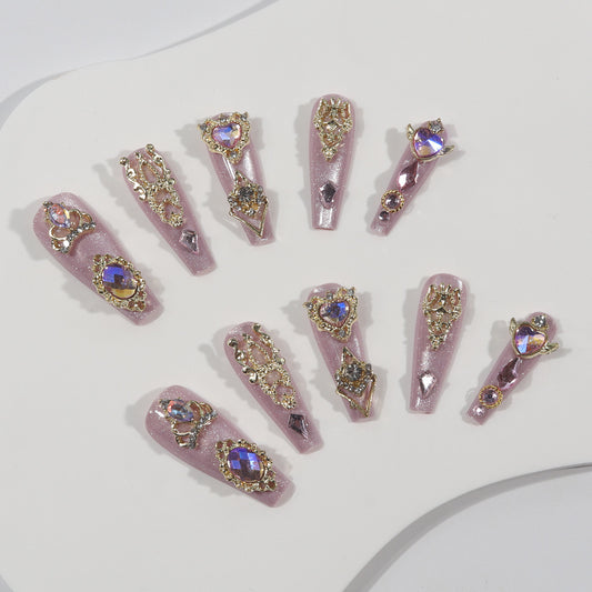 Glamorous Fairy Tale Long Coffin Pink and Gold Press On Nail Set with Rhinestone Accents