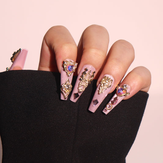 Glamorous Elegance Long Coffin Pink Press On Nail Set with Dazzling Gemstone Accents