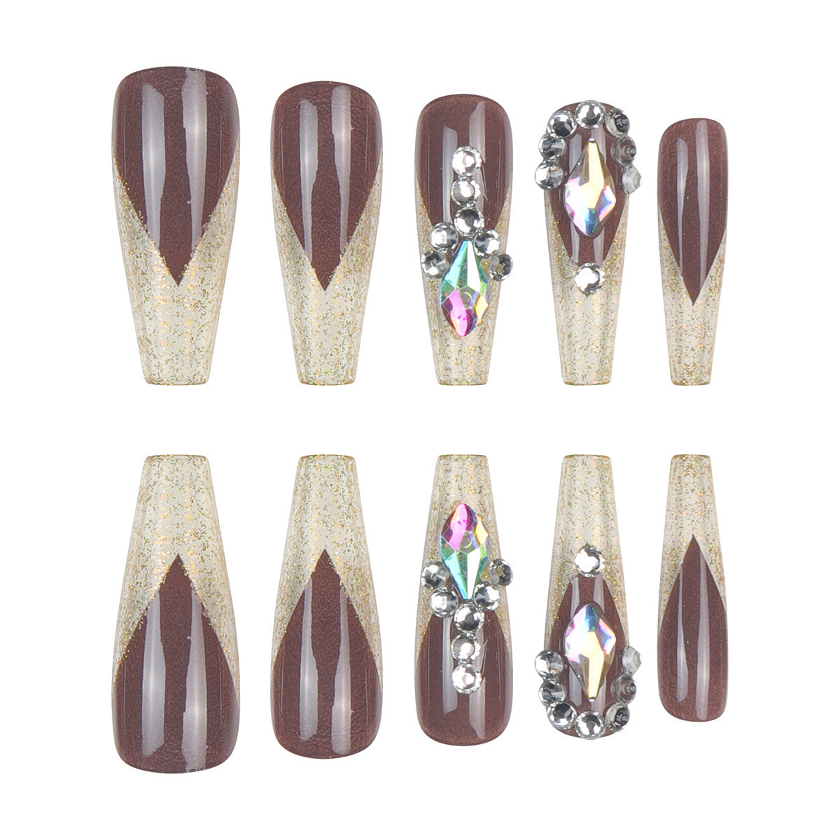 Glamorous Earthy Tapered Long Coffin Brown and Gold Glitter Press On Nail Set with Elegant Rhinestone Accents
