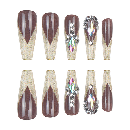 Glamorous Earthy Tapered Long Coffin Brown and Gold Glitter Press On Nail Set with Elegant Rhinestone Accents