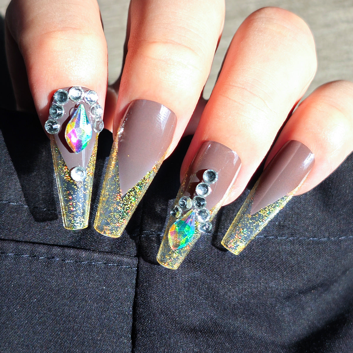 Glamorous Radiance Long Coffin Brown Glitter Ombre Nails with Sparkling Jewels