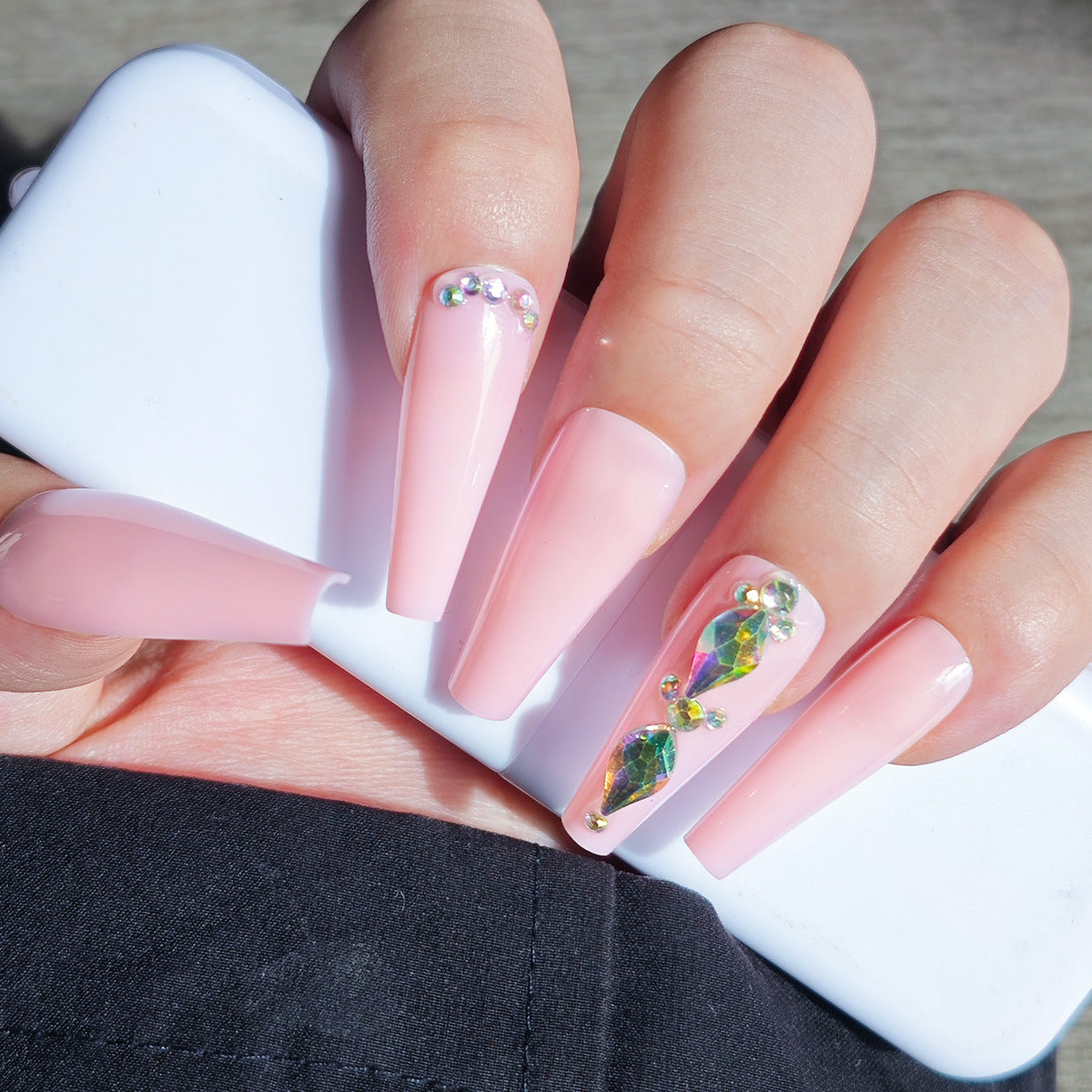 Elegant Dreamscape Long Coffin Pink Press On Nail Set with Dazzling Gemstone Accents