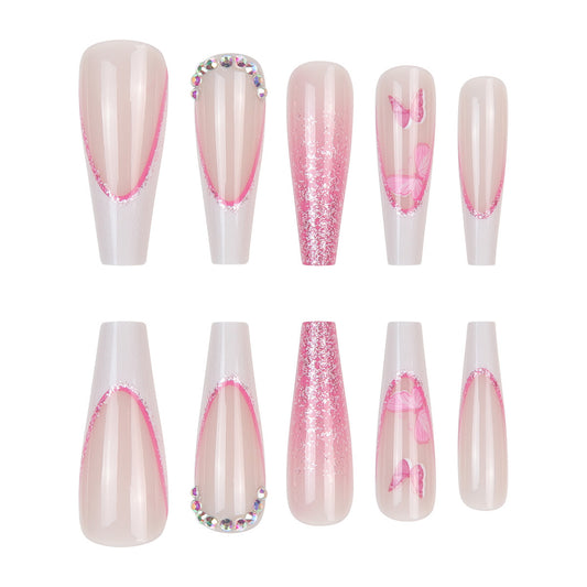 Glamorous Garden Touch Long Coffin Pink Press On Nail Set with Glitter and Rhinestone Accent