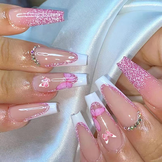Whimsical Floral Dream Long Coffin Pink Glitter Press On Nail Set with Charming Butterfly Accents