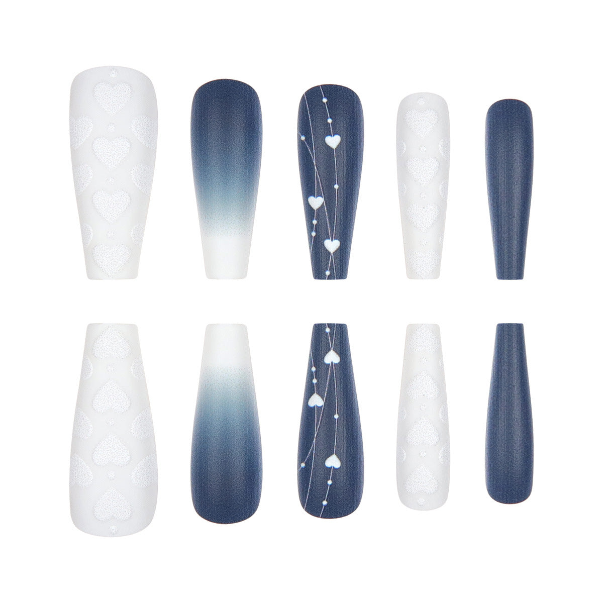 Charming Hearts Theme Long Coffin Ombre White and Navy Press On Nail Set with Heart Patterns and Elegant Matte Finish