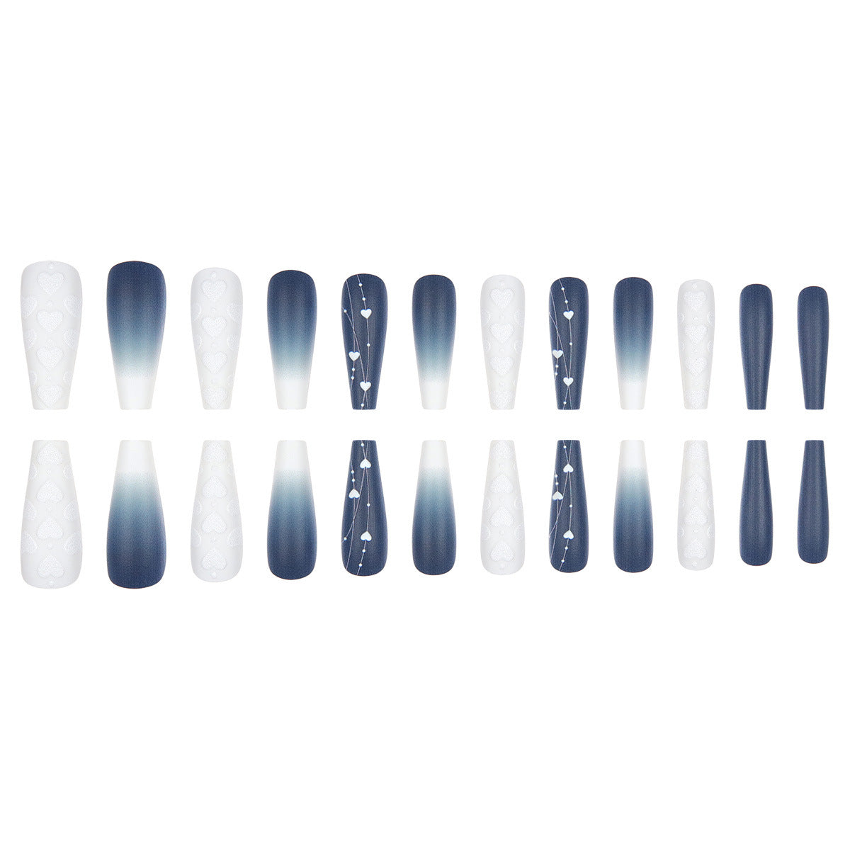 Charming Ocean Waves Gradient Long Coffin Navy and White Press On Nail Set with Heart Patterns