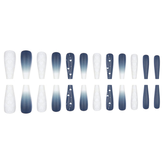 Charming Ocean Waves Gradient Long Coffin Navy and White Press On Nail Set with Heart Patterns
