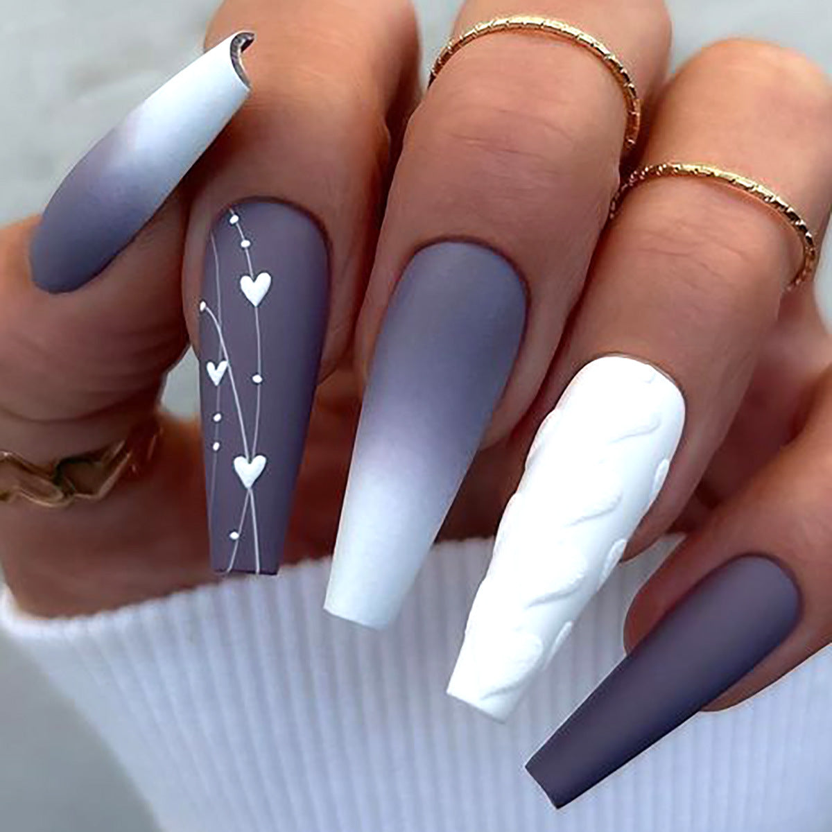 Chic Elegance Long Coffin Shaped Ombre Grey and White Press on Nail Set with Heart and Twisted Design