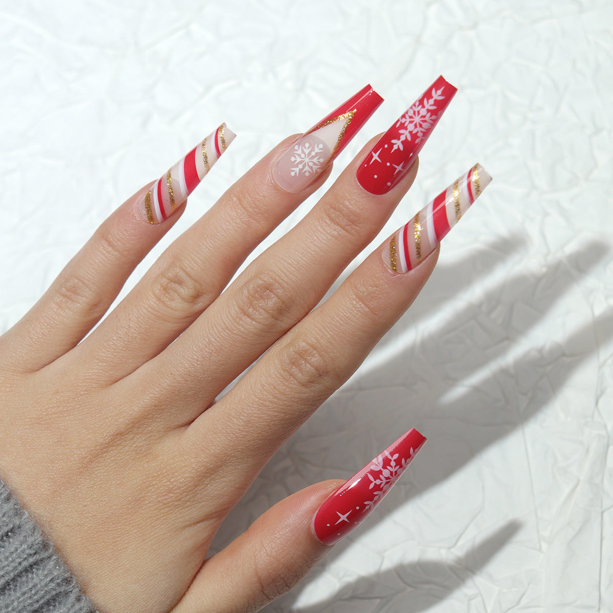 Festive Winter Wonderland Long Coffin Red and White Candy Cane Design with Glitter Accents Press On Nail Set