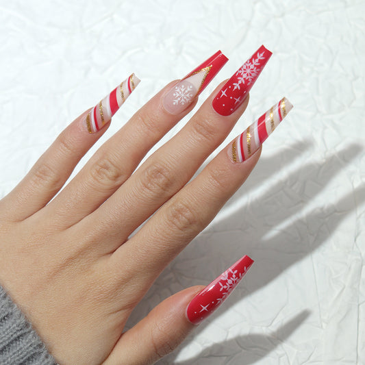 Festive Winter Wonderland Long Coffin Red and White Candy Cane Design with Glitter Accents Press On Nail Set