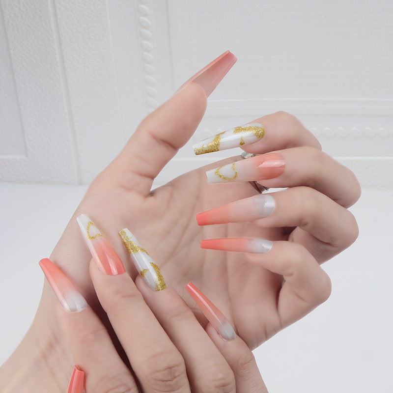 Glamorous Sunset Ombre Long Coffin Pink and White Press On Nail Set with Gold Foil Accents