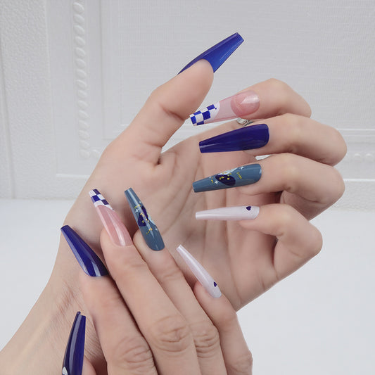 Celestial Vibes Long Coffin Navy Blue and Sky Blue Press On Nail Set with Unique Geometric Designs and Elegant Shine