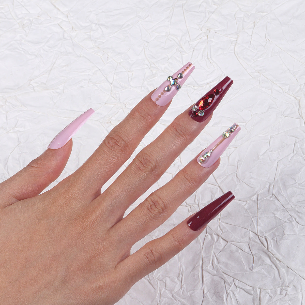 Glamorous Dream Long Coffin Pink and Burgundy Press On Nail Set with Dazzling Rhinestone Accents