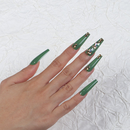 Nature's Elegance Long Coffin Green Press On Nail Set with Stunning Gemstone Accents