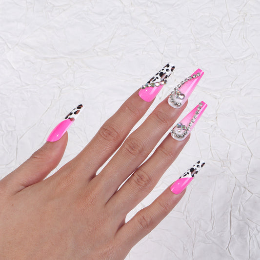 Wild Jungle Vibe Long Coffin Pink and Black Leopard Print with Rhinestone Accents Press on Nail Set