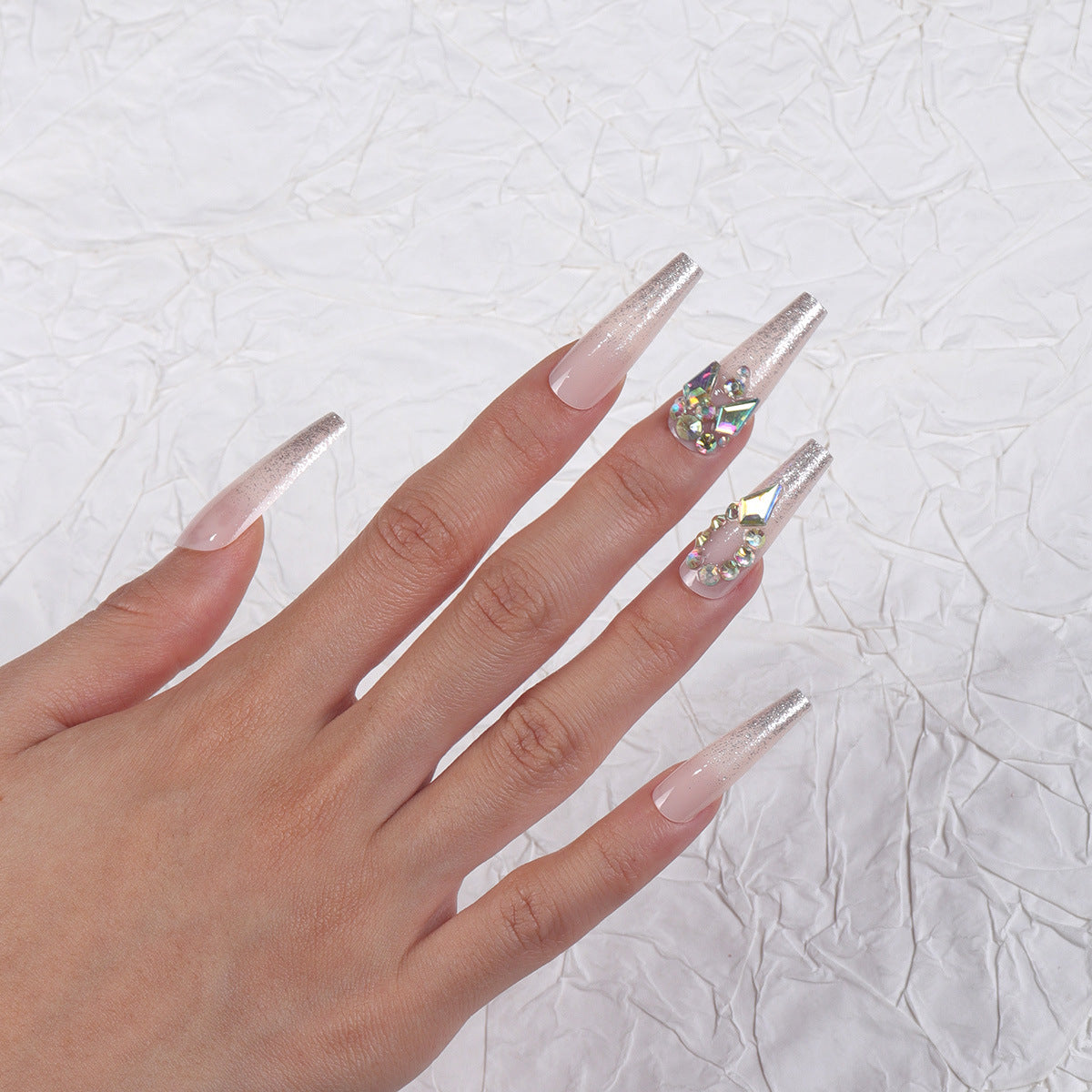 Glamorous Elegance Long Coffin Soft Pink with Glitter and Stunning Rhinestone Accents Press On Nail Set