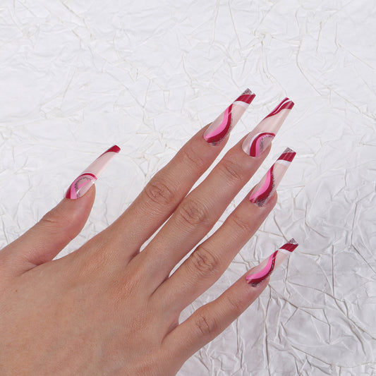 Whimsical Waves Long Coffin Pink Ombre Nails with Curvy Glitter Detailing