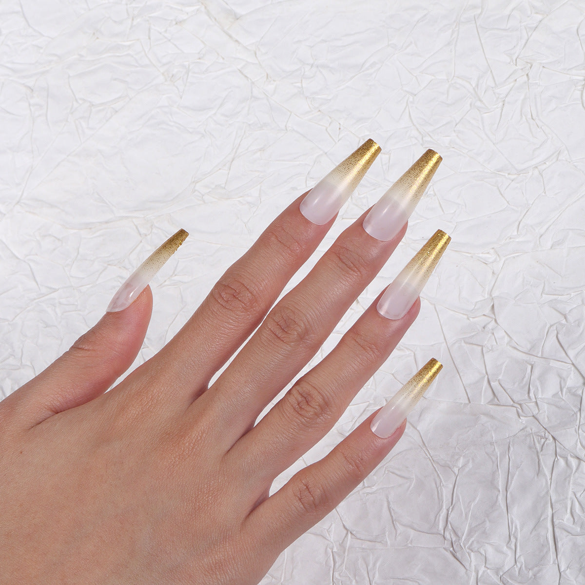 Glamorous Chic Long Coffin Gradient White to Gold Press On Nail Set with Stunning Metallic Accent