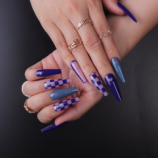 Mystical Elegance Long Coffin Blue and Purple Ombre Press On Nail Set with Heart and Checkered Patterns