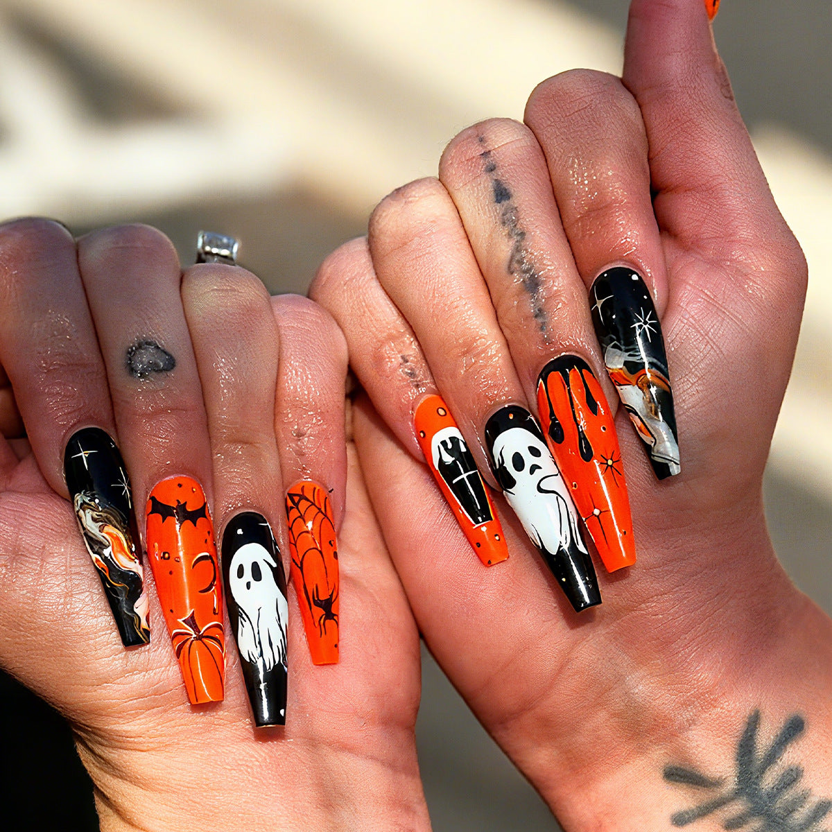Halloween Vibes Long Coffin Shape Bright Orange and Black with Spooky Ghost Designs Press On Nail Set