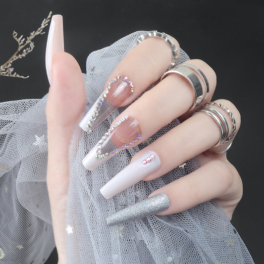 Glamorous Dreamy Extra Long Coffin White and Glitter Press On Nail Set with Rhinestone Accents