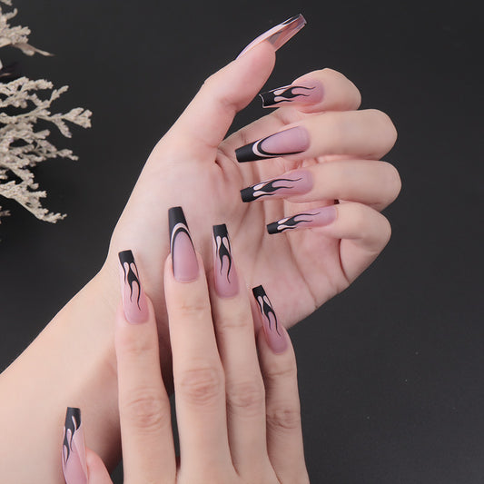 Fiery Glamour Long Coffin Press On Nail Set in Matte Beige with Chic Flame Design