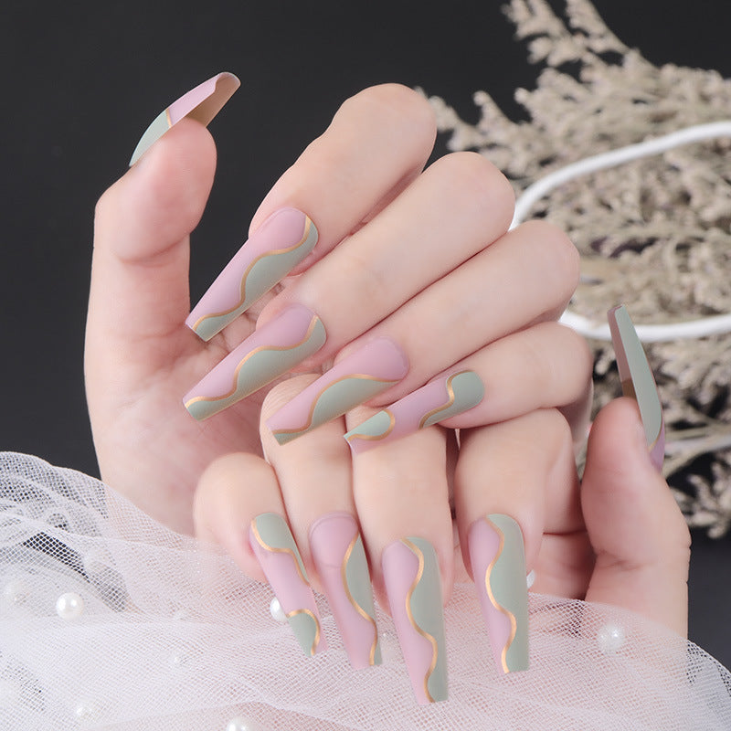 Modern Elegance Long Coffin Press On Nail Set in Soft Pink and Green with Unique Wavy Gold Accent Design